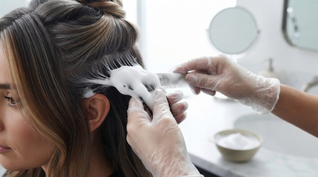 Step-by-step hair tint application using a foam-based product at home