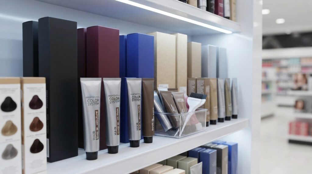 Korean hair tint products displayed on a beauty store shelf