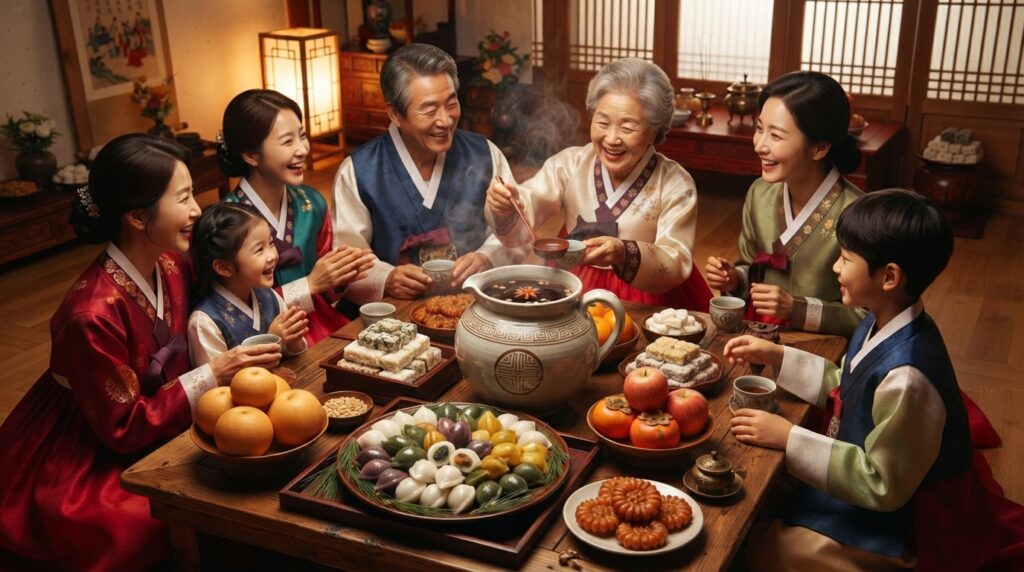 Chuseok holiday table with Korean cinnamon tea and family in hanbok