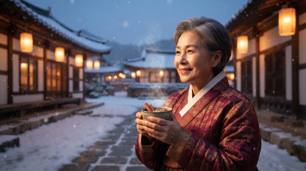 Person holding warm Korean cinnamon tea in a snowy Korean village