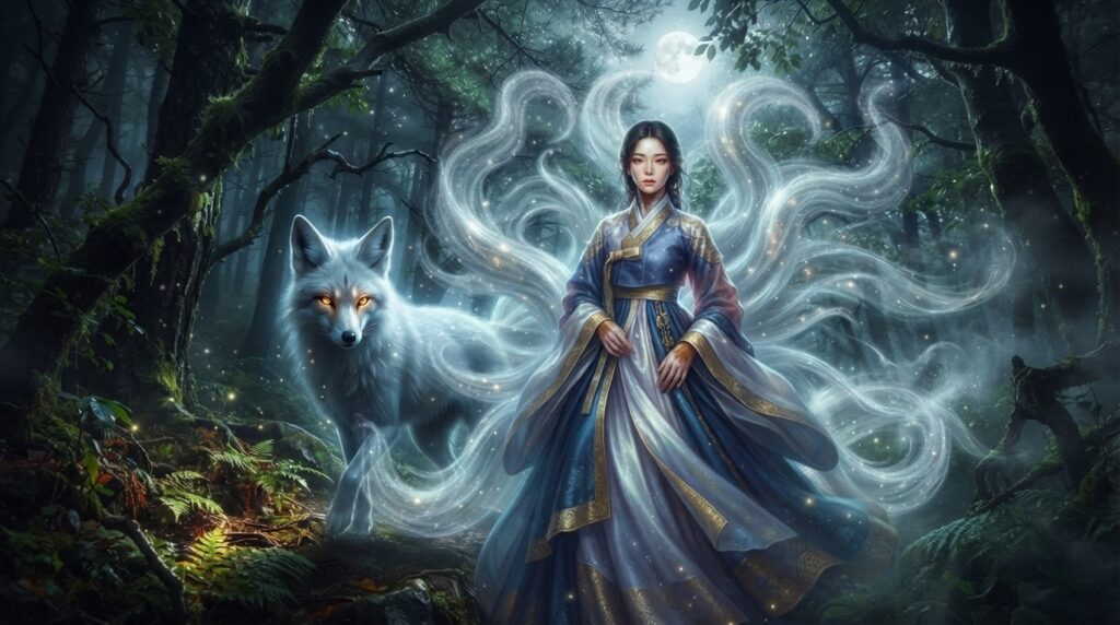 Gumiho shown mid-transformation between fox and human form