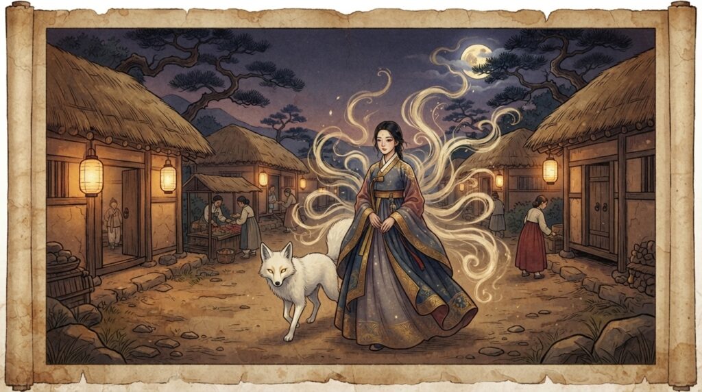 Historical depiction of the gumiho fox spirit in a Goryeo-era Korean village