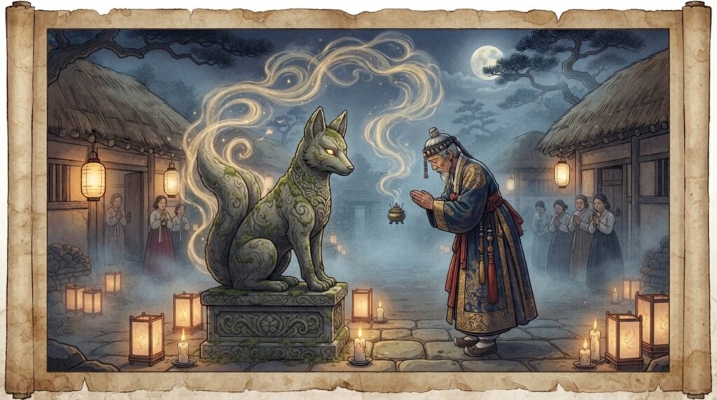 Korean shaman performing a ritual beside a fox spirit statue