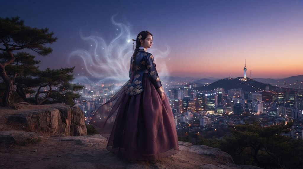 Gumiho figure in hanbok overlooking the Seoul skyline at dusk