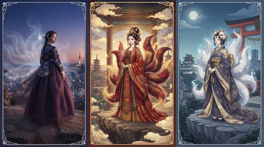 Comparison of gumiho, huli jing, and kitsune fox spirits across cultures