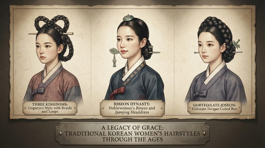 Joseon-era woman styling a jjokjin meori updo with a jade binyeo and daenggi ribbon