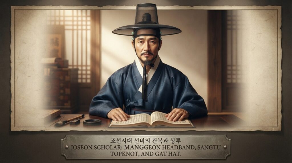 Joseon-era Korean man wearing a sangtu topknot with traditional headband and hat