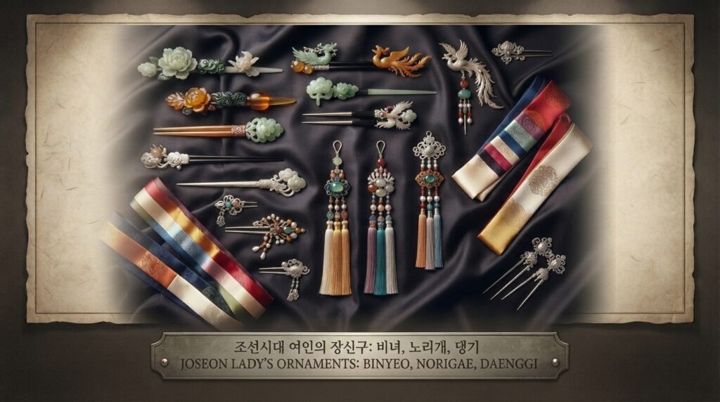Traditional Korean hair accessories including binyeo, daenggi, norigae, and cheopji