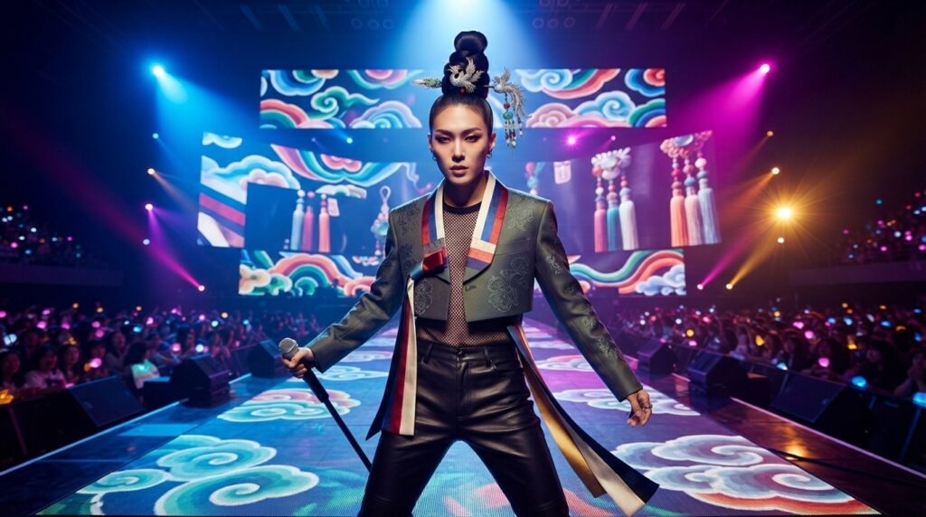K-pop performer wearing a modern sangtu-inspired hairstyle on stage