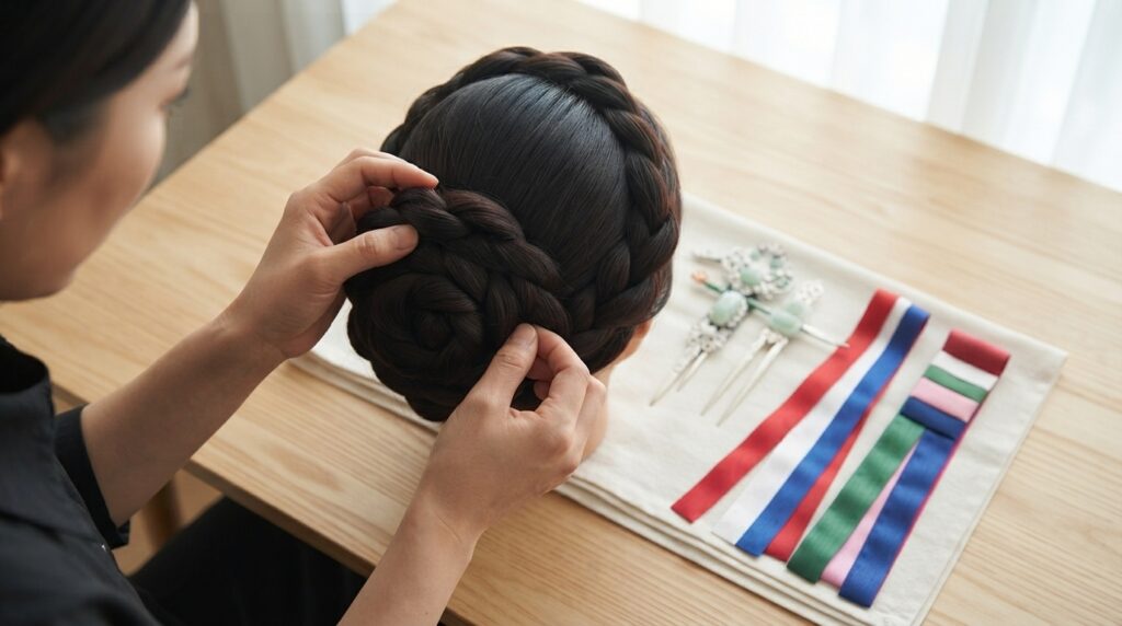Step-by-step process of creating a jjokjin meori updo with hairpins and ribbons