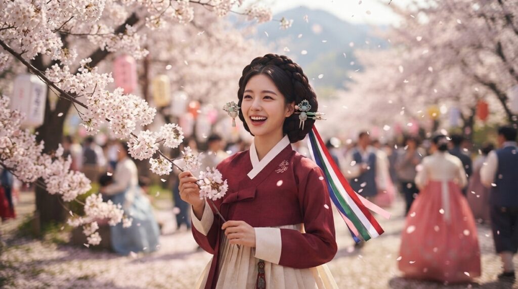 Cosplayer wearing hanbok with an eonjeun meori hairstyle at a cherry blossom festival