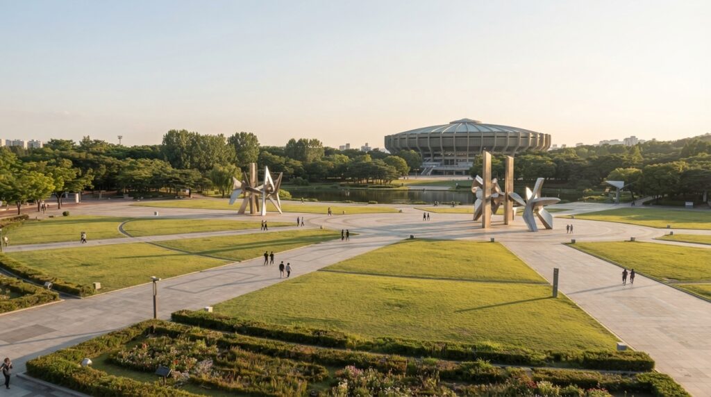 Scenic Olympic Park with Seoul Olympic Hall in the background