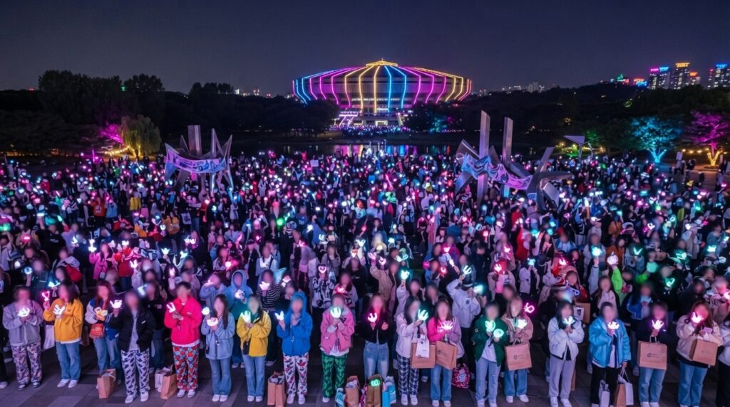 Fans outside Seoul Olympic Hall with light sticks and merchandise