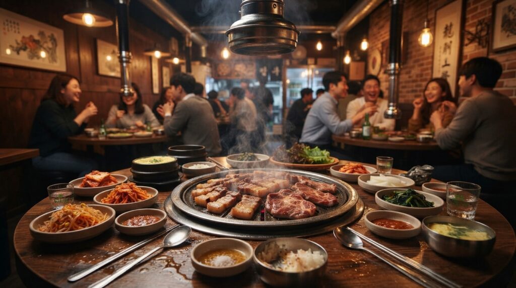 Korean BBQ restaurant near Olympic Park with sizzling meat and side dishes