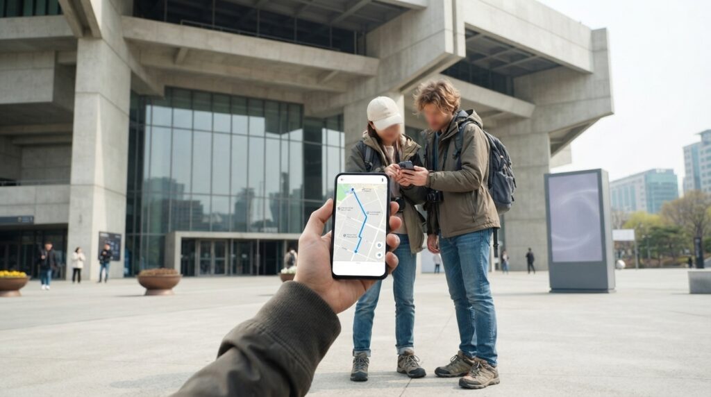 International visitors using maps and apps outside Seoul Olympic Hall