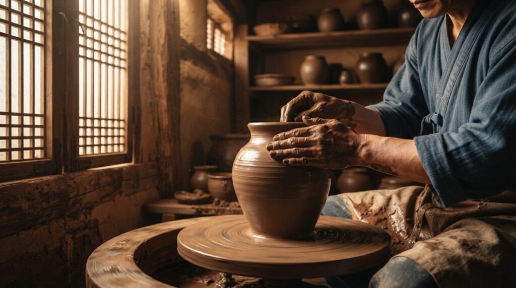 Korean potter crafting onggi pottery on a traditional wheel