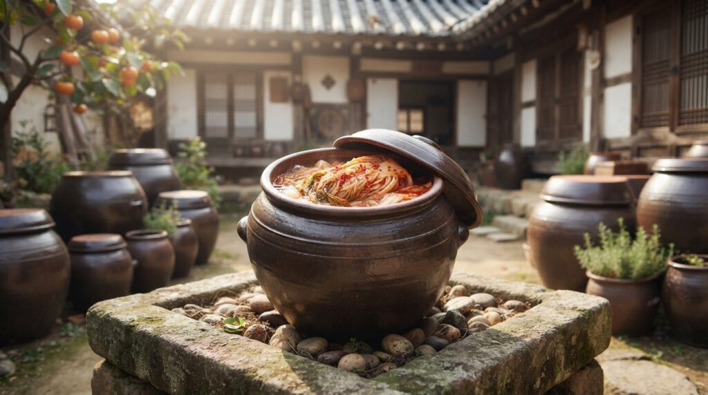 Onggi pot fermenting kimchi on a traditional Korean jangdokdae platform