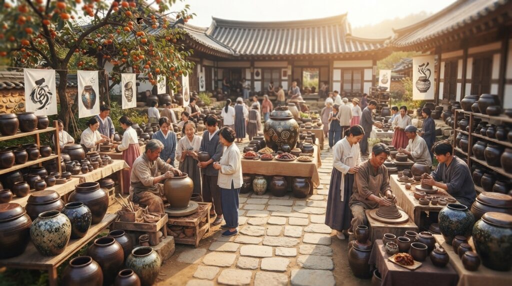 Colorful onggi pots displayed at a Korean pottery festival