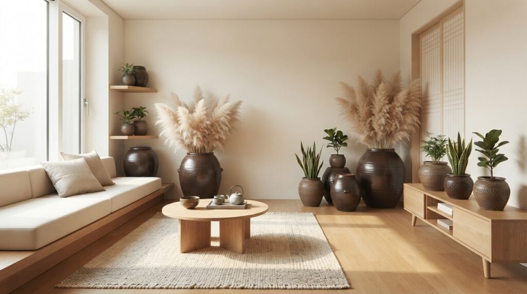 Modern living room using onggi pots as decorative vases and planters