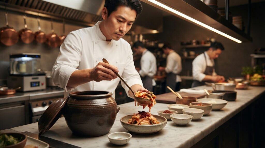 Chef using an onggi to prepare Korean cuisine in a restaurant kitchen