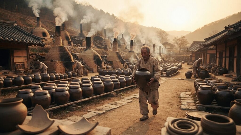 Korean pottery village with smoking kilns and a potter carrying a pot