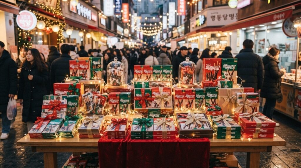 Assorted colorful Pepero gift boxes displayed for the holiday
