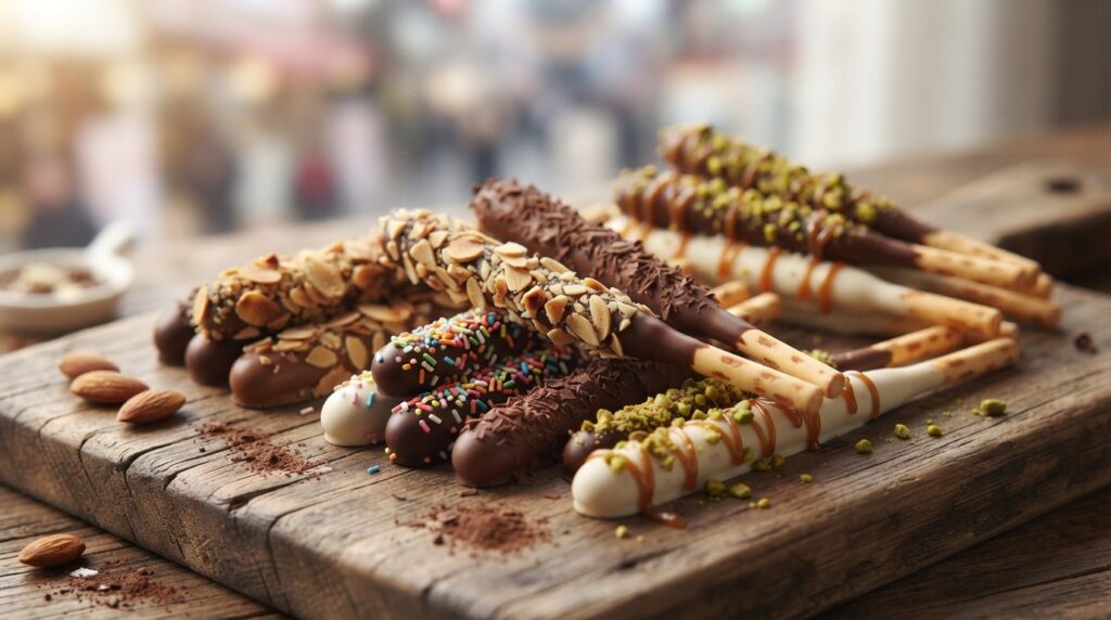 Variety of chocolate-dipped biscuit stick flavors displayed together