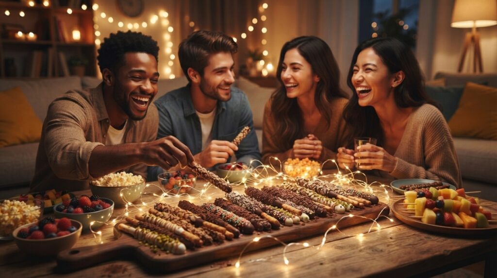 Friends celebrating Pepero Day with festive decorations and snacks