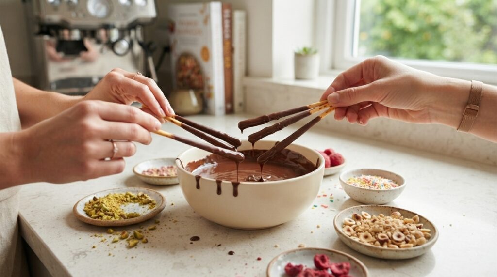 Hands dipping biscuit sticks into melted chocolate for homemade treats