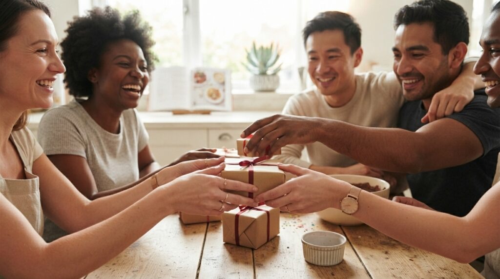 Diverse group of people exchanging Pepero-inspired gifts around the world
