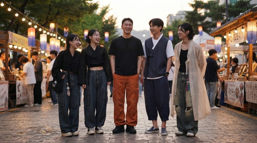 Young Koreans blending modern loose pants with hanbok-inspired fashion at a festival