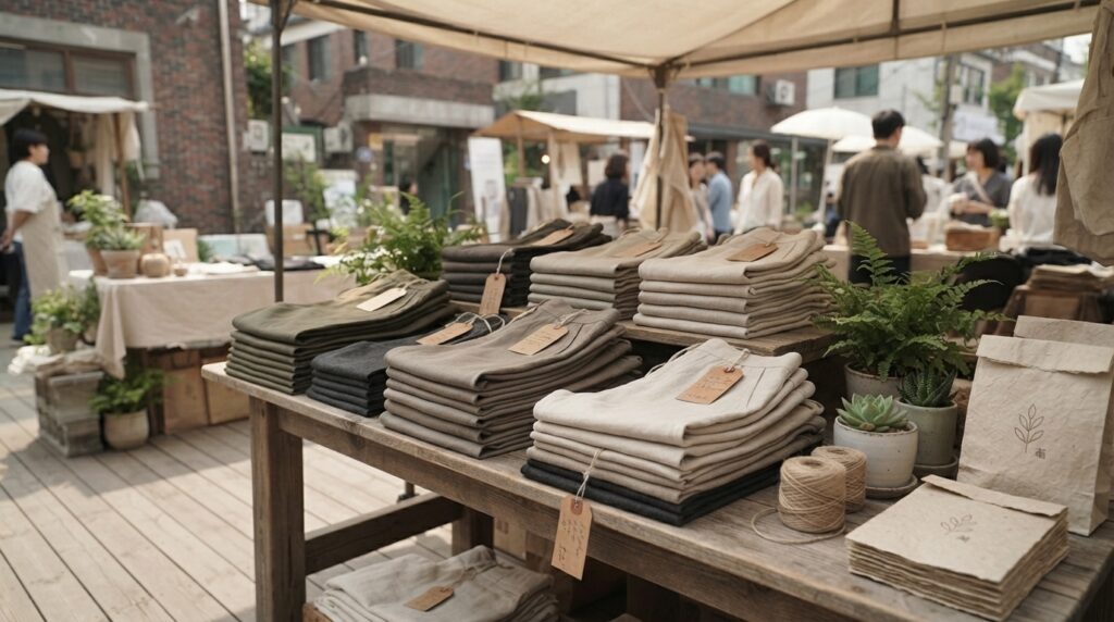 Sustainable market stall in Seoul selling eco-friendly cotton pants