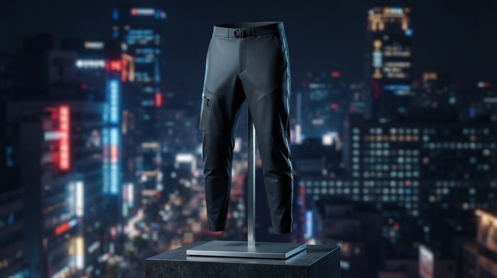 Futuristic-style pants with technical fabric against the Seoul night skyline