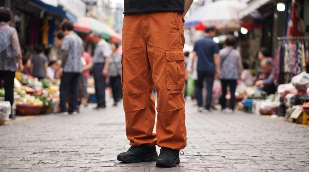 Close-up of baggy cargo-style pants in a Seoul market setting