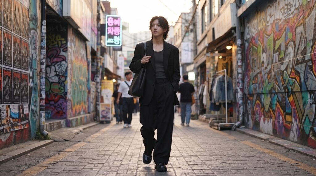 Stylish outfit pairing baggy pants with an oversized blazer on a Hongdae street