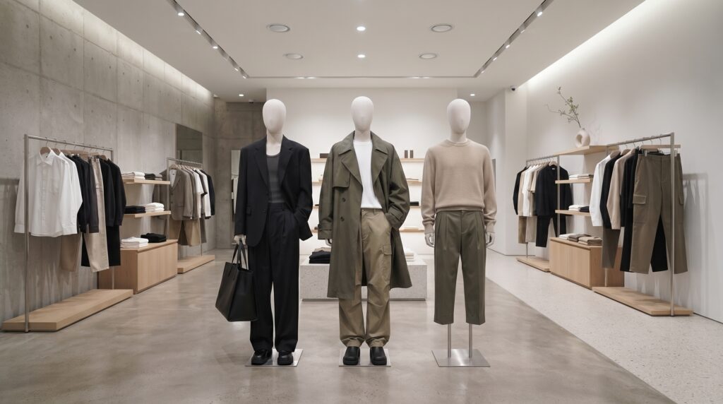 Mannequins displaying baggy pants in neutral tones inside a Korean clothing store