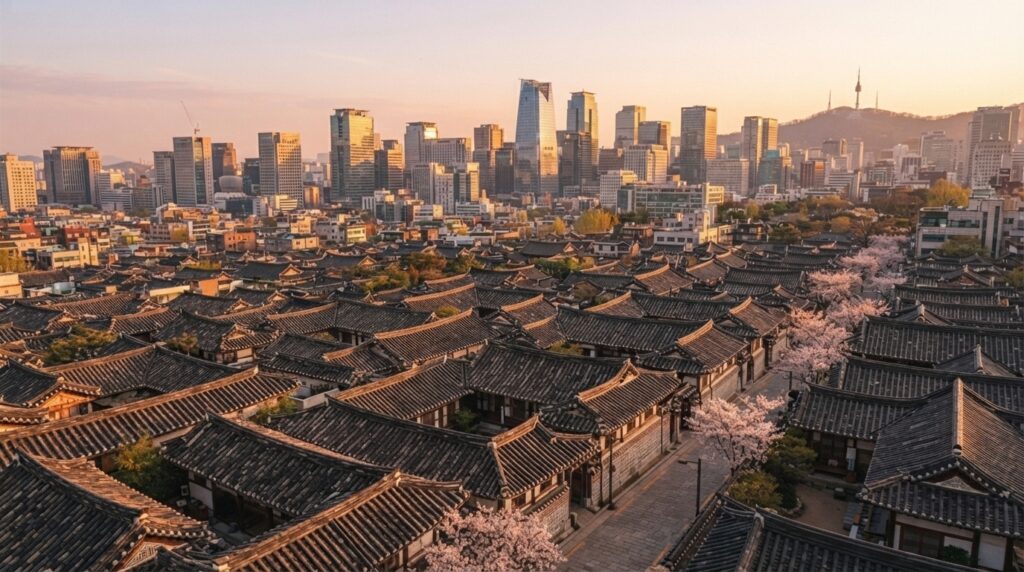 Bukchon Hanok Village traditional houses against Seoul skyline
