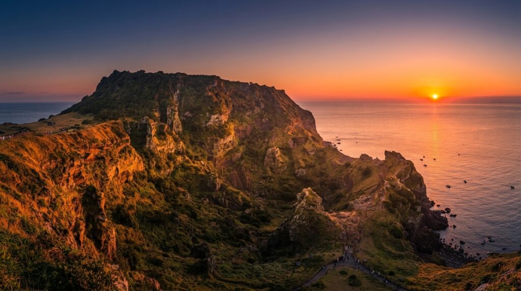 Sunrise over Seongsan Ilchulbong volcanic peak, Jeju Island
