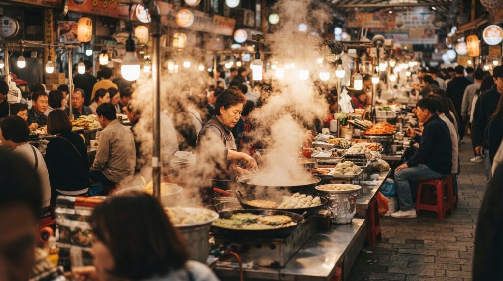 Vibrant food stalls at Gwangjang Market, Seoul