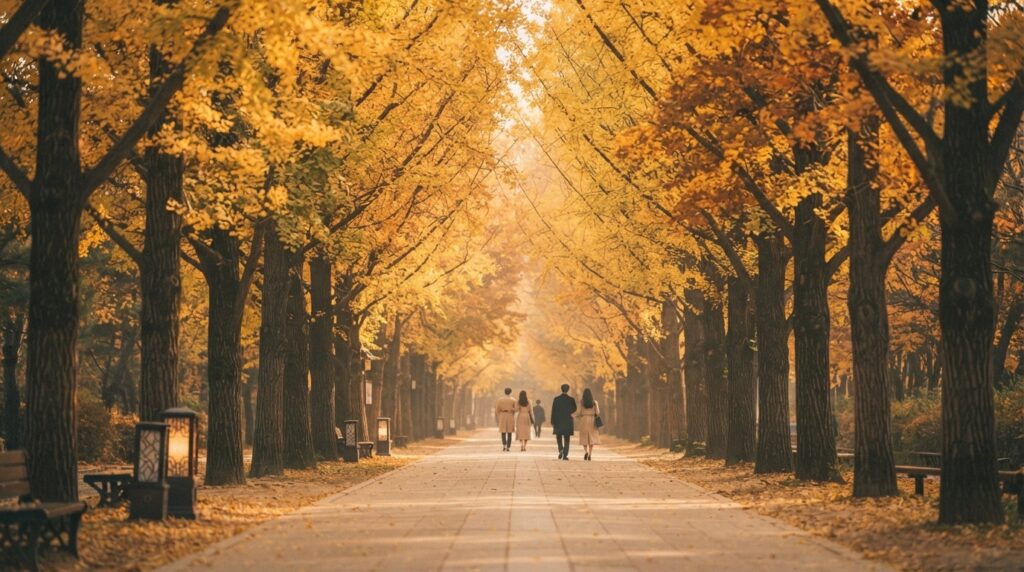 Autumn tree-lined pathway on Nami Island, K-drama filming location