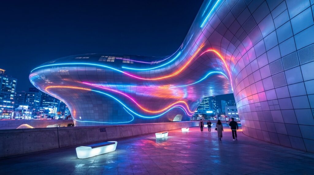 Dongdaemun Design Plaza illuminated at night, Seoul