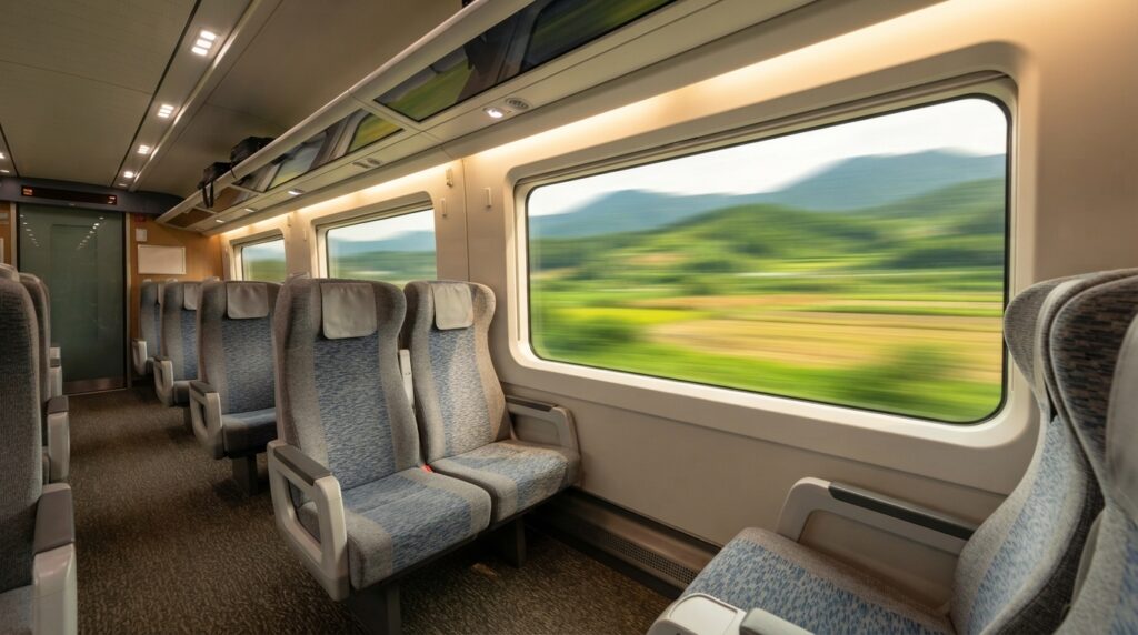 KTX high-speed train traveling through the Korean countryside