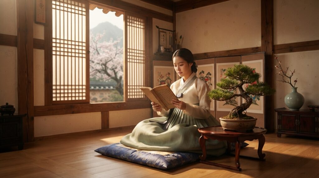Person reading a Korean poetry book in a cozy traditional setting