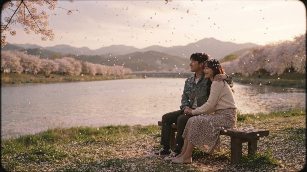 Romantic riverside scene with cherry blossoms evoking a K-drama moment