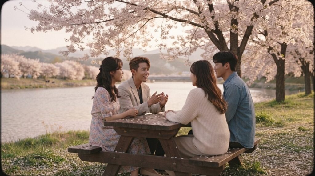 Outdoor poetry reading gathering under cherry blossom trees