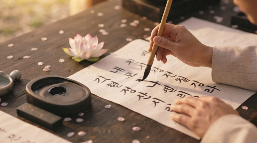 Hands writing Korean poetry on traditional hanji paper with ink stones