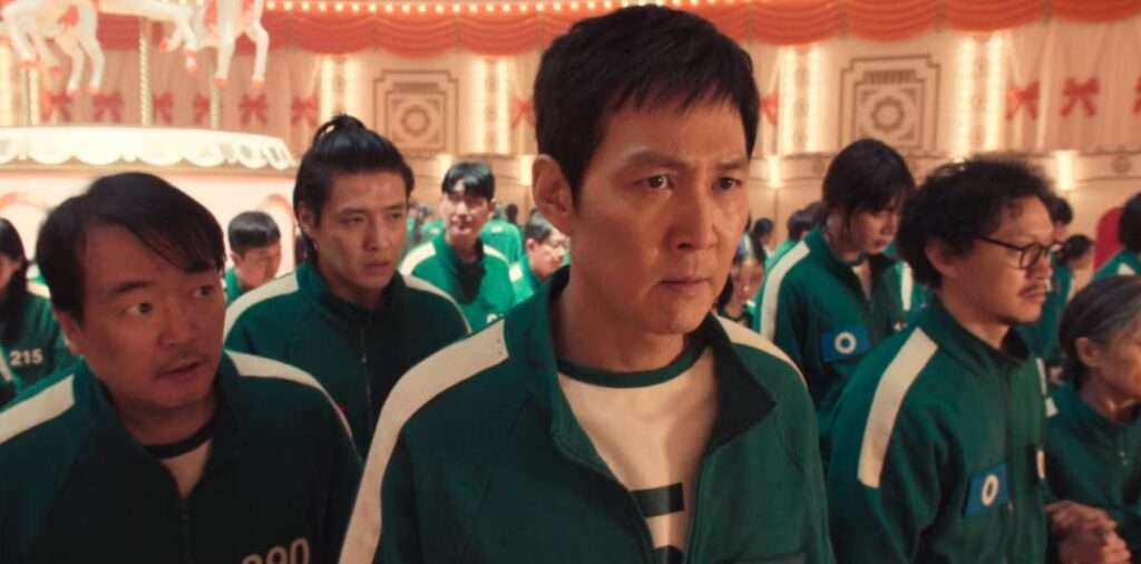  A circle of men in green jackets, highlighting the Squid Game Season 3 full review .