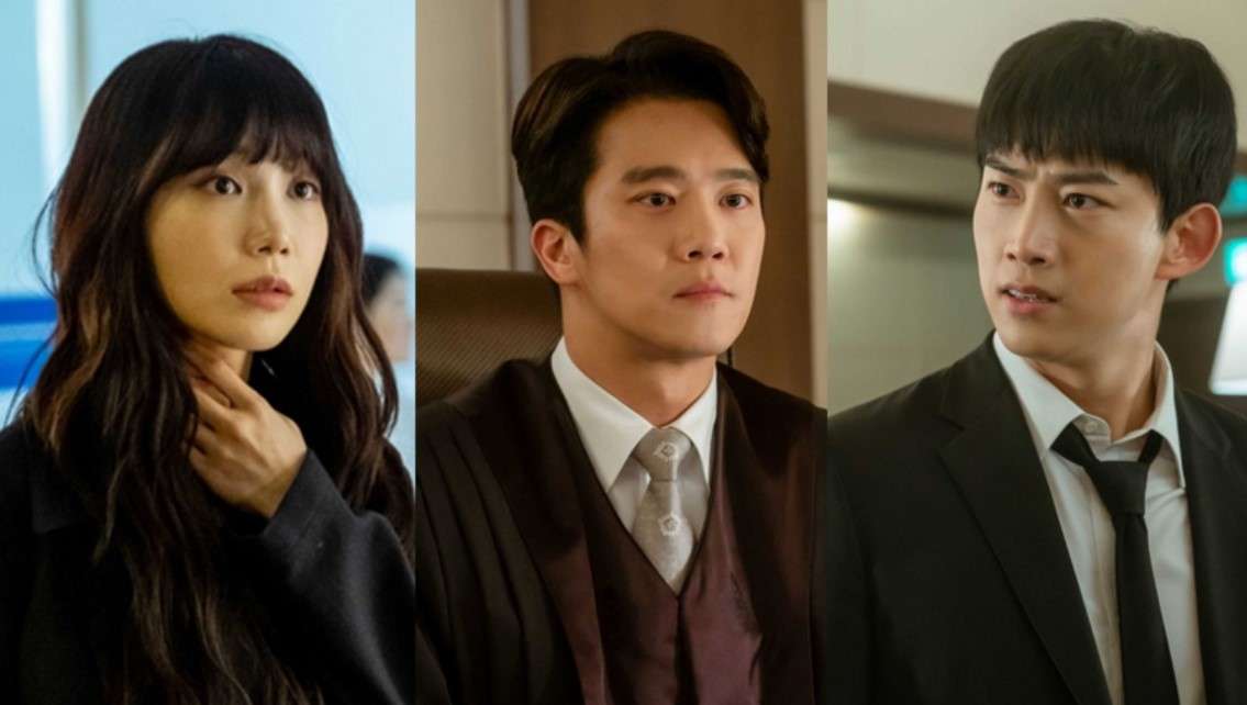Promotional image for the Blind full review featuring three main characters in formal attire, highlighting the drama's intense and professional Korean narrative.