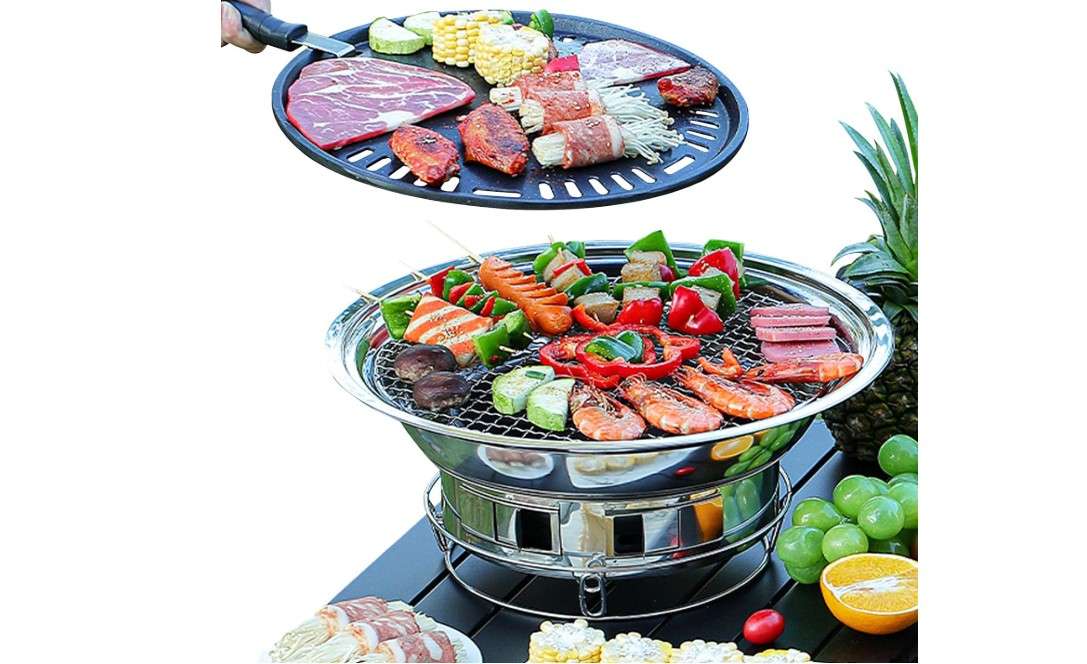 PHOJEWI Korean BBQ Grill Charcoal, Small Charcoal Grill 13.7 Inches Portable Grill Stainless Steel Barbecue Grill Tabletop kbbq grill Outdoor Indoor Camping 