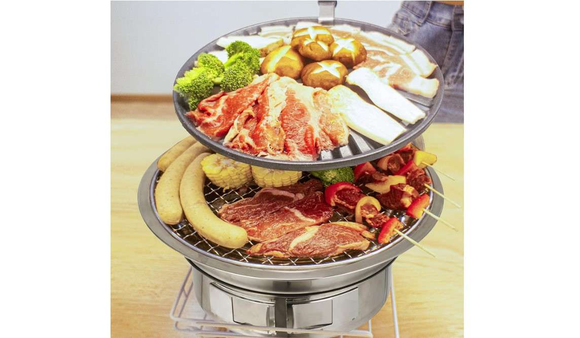 Puraville Charcoal Barbecue Grill, 13.7 Inches Non-Stick Korean BBQ Grill, Portable Stainless Steel Charcoal Stove for Home Party Outdoor Camping 